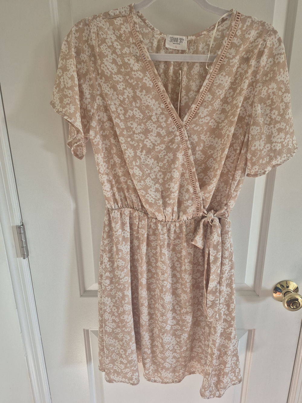 Sienna Sky Beige Floral Tie-Waist Wrap Dress